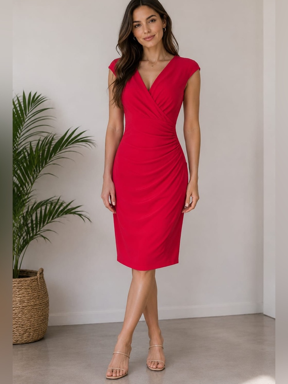 Ralph Lauren Crimson Wrap-Front Midi Dress